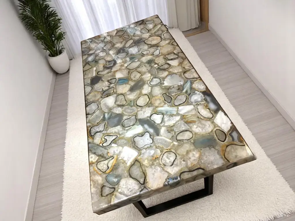 Rectangular Dining Table Top Featuring Agate Gemstone